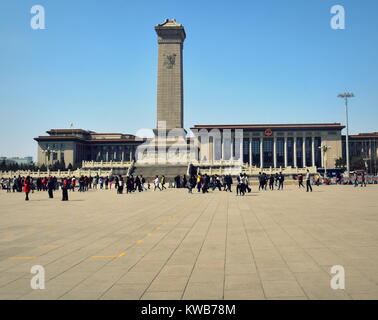 Tiananmen square in Beijing: People's Heroes monument and Great Hall of the People, Parliament and National Congress of the Communist Party of China Stock Photo