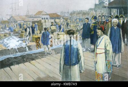 Commissioner Lin Zexu oversees the destruction of contraband opium seized from British traders. In June 1839, Chinese workers mixed the opium with lime and salt before it washed out to sea near Humen Town. Subsequently, Britain initiated the First Opium W (BSIC 2016 9 2). 7 Continents History/Everett Collection Stock Photo