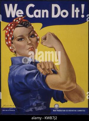 'We Can Do It!' World War 2 poster boosting morale of American women contributing to the war effort. It was created by J. Howard Miller for Westinghouse Company in 1942. The poster was displayed in Midwest factories in Feb. 1942. It re-surfaced in the early 1980s, and merged with 'Rosie the Riveter' images in the public mind. (BSLOC 2014 10 225) Stock Photo