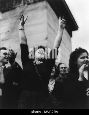 Parisian woman cheers at liberation celebration. August 29, 1944. World War 2. (BSLOC 2014 10 262) Stock Photo