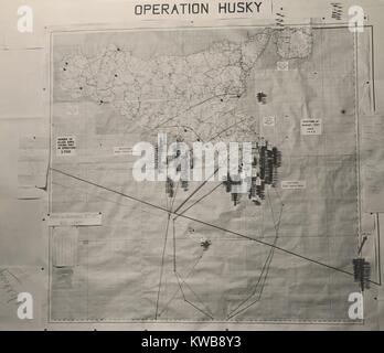 Operation Husky battle plan for the invasion of Sicily in the White House Map Room. August 1943, World War 2. (BSLOC 2014 10 149) Stock Photo