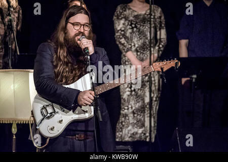 The two singers, musicians and songwriters, the Faroese Teitur and the American Matthew E. White (pictured) teamed up for a week making new songs and music under the concept “Suburban Summit” at Forbrændingen near Copenhagen. At the end of the process they performed the new songs at a live concert. Denmark, February 2016 Stock Photo