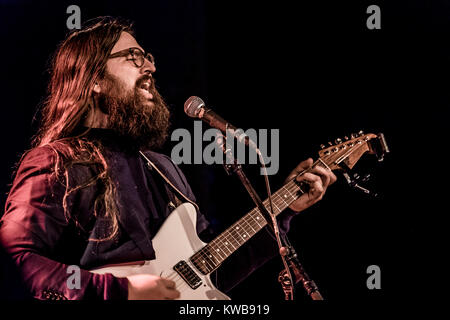 The two singers, musicians and songwriters, the Faroese Teitur and the American Matthew E. White (pictured) teamed up for a week making new songs and music under the concept “Suburban Summit” at Forbrændingen near Copenhagen. At the end of the process they performed the new songs at a live concert. Denmark, February 2016 Stock Photo