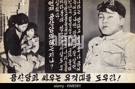 Propaganda leaflet distributed by United Nations forces lead by U.S. during the Korean War, 1950-53. This leaflet contrasted Communist leaders’ luxury with the poverty of the average North Korean citizen. It shows a poorly-clothed and starving mother and child compared to the well-fed leader of North Korea, Kim Il-sung (BSLOC 2014 11 268) Stock Photo