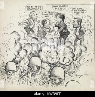 'All One Front, All One War,' by Clifford Berryman. World War 2 cartoon shows three determined-looking soldiers on the fighting front. Behind the lines are quarreling politicians. July 31, 1943. (BSLOC 2014 10 290) Stock Photo