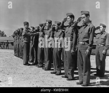 Japanese-American soldiers from Hawaii in basic training at Camp Shelby, Mississippi. They are learning how to salute, World War 2. June 1943. (BSLOC 2014 10 49) Stock Photo