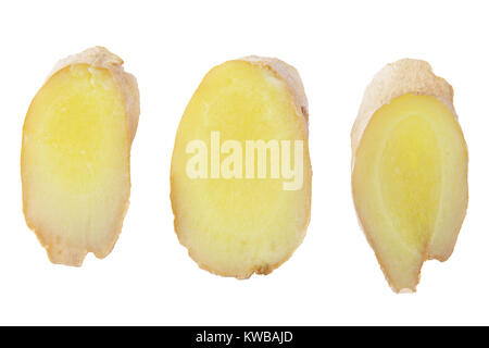 Isolated Ginger root. Collection of three slices ginger root isolated on white background with clipping path for package design. Stock Photo