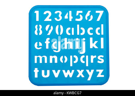 Alphabet and numbers stencil shapes on a blue background Stock Photo