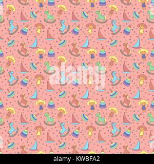 Seamless cartoon vector pattern with toys of Horse, Sailboat, Whirligig and Dolls in muted colors on the pink background as a fabric or others texture Stock Vector