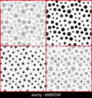 Set of four seamless vector patterns with various stars isolated on the white backgrounds separated with red Stock Vector