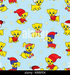 Seamless cartoon kid vector pattern with funny pappy in Santa clothes, blue background can be used separately Stock Vector