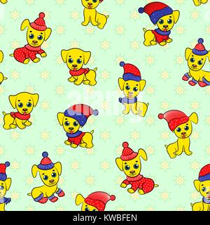 Seamless cartoon kid vector pattern with amusing pappy in Santa clothes, starry background can be used separately Stock Vector