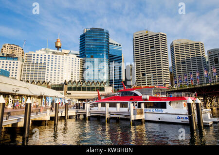 Darling Harbour (Harbor), Sydney, Australia, harbour cruise boat moored at Pier 26 near Sydney Aquarium and Madame Tussauds museum Stock Photo