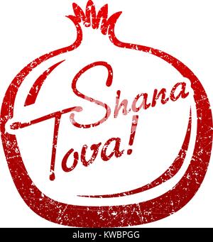 Shana Tova (Jewish Happy New Year) greeting card with shape of Pomegranate.  Grunge style vector illustration. Stock Vector