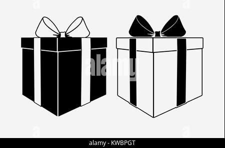 Pair of black and white gift boxes icons with bows, vector illustration. Stock Vector