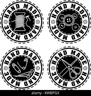 Set of four black rubber stamp solid style Hand made labels for your design. Stock Vector