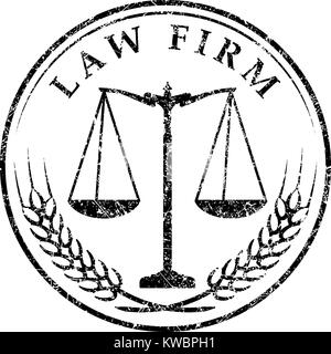 Justice scale icon with caption LAW FIRM in grunge rubber stamp style Stock Vector