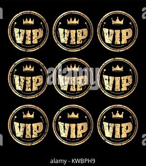 Set of nine gold round VIP grunge style rubber stamp icons with different crowns on a black background. Stock Vector