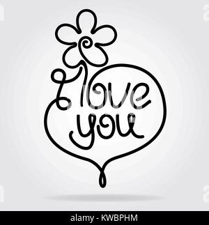 Valentine's Day design with heart, flower, stylized caption I love you in flat icon style. Stock Vector