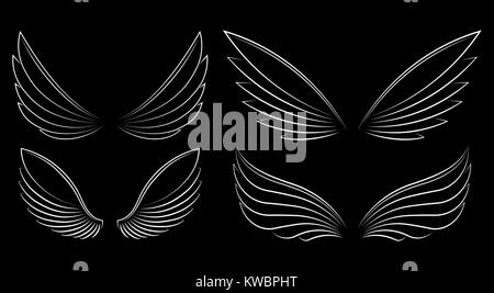 Set of four pairs outlined stroke vector wings on a black background Stock Vector