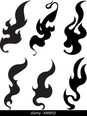 Set of six aggressive black fire flames for your design. Vector illustration. Stock Vector