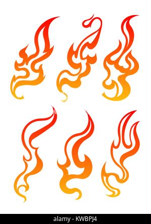 Set of six aggressive colorful fire flames for your design. Vector illustration. Stock Vector