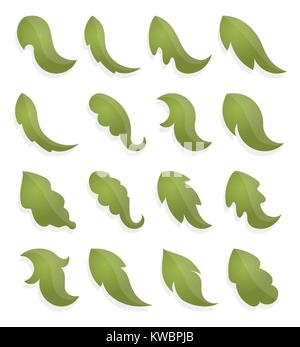 Set of stylized decorative green leaves, icons with shadows and glares. Vector illustration Eps 10. Stock Vector