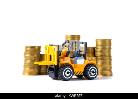 Loading Coin Mini forklift truck loading stack coin with steps of gold coin ...