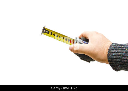 Measuring tool. Hand with a tape measure isolated on white background Stock Photo
