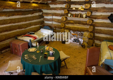 Inside replica huts, part of a reconstructed camp in Valley Forge National Historical Park (National Park Service), Valley Forge, Pennsylvania, USA. Stock Photo