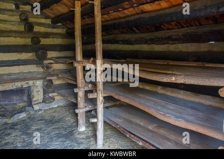 Inside replica huts, part of a reconstructed camp in Valley Forge National Historical Park (National Park Service), Valley Forge, Pennsylvania, USA. Stock Photo