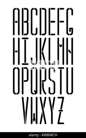 Stencil thin vector monospace sans serif font with rounded corners. Modern condensed font. Can be  used as stencil-plate for your color paint or other Stock Vector