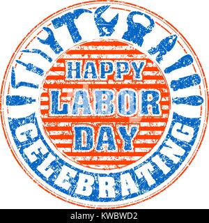 Happy labor day celebrating colorful rubber stamp with striped background and silhouettes of workers tools: hammer, screwdriver, pliers, file, solderi Stock Vector