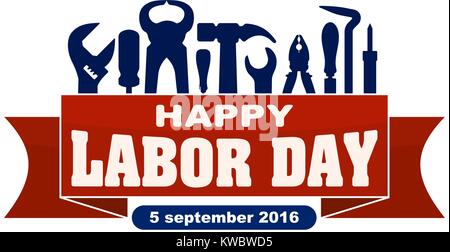 Happy labor day celebrating banner with silhouettes of workers tools: hammer, screwdriver, pliers, file, soldering iron, pliers, awl, etc. Stock Vector