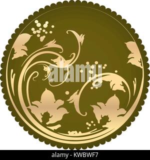 Round, unusual vintage frame with gold flowers and leaves on a dark green background. Vector illustration for your design. Stock Vector