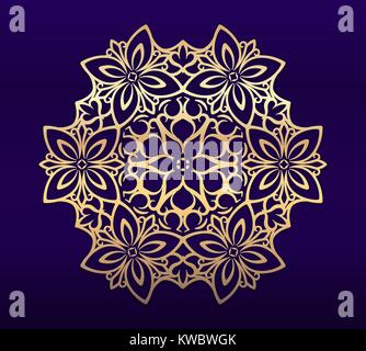 Ornate, decorative, lace, gold frame, mandala on blue dark background. It can be used for decorating of invitations, greeting cards or logo design. Or Stock Vector