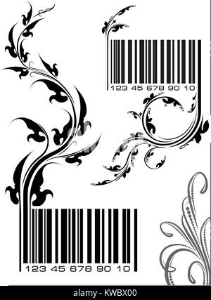 Pair of vector illustrations - bar codes with floral branch. Can use as conceptual ecological design. Stock Vector