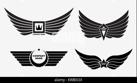 Set of four vector logo wings. Winged decors with crown, star for your company brand logotype emblem or transport for extreme sport decoration. Eagle  Stock Vector