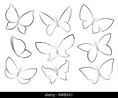 Butterflies vector set outlined silhouettes for design, icons, symbols, decoration or tattoos. Stock Vector