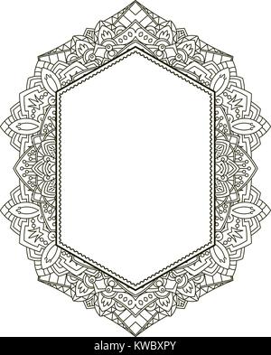 Unusual vertical hexagon rich decorated floral decorative frame with empty space for your design or text. Vector illustration in East mandala style. Stock Vector