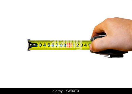 Hand with a tape measure on white Stock Photo
