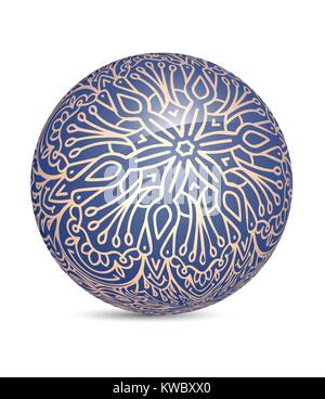 Unusual blue decorative glossy shine sphere ball with golden floral decor. Vector illustration for your design. Stock Vector