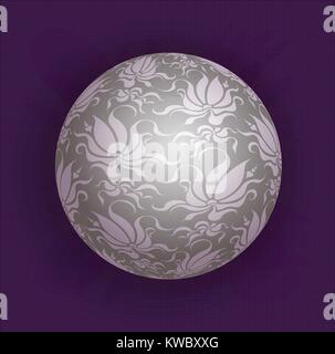 Unusual gray decorative glossy shine sphere ball with silver floral decor on a dark violet background. Can use as element for fashion cosmetic illustr Stock Vector