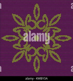 Knitting pattern ornate decorative symbol. Sweater design. Wool knitted texture in violet and yellow tones.  Concept for banner, placard, billboard or Stock Vector