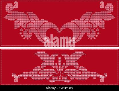 Pair of knitting floral ornate patterns. Sweater design. Wool knitted texture in red and white tones. Knitting pattern ornate decorative symbol. Stock Vector