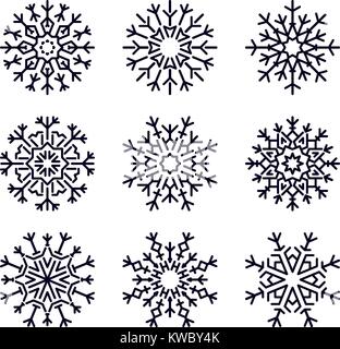 Set of 9 simple shape stylish black snowflakes for your design. Vector geometric pattern. Stock Vector