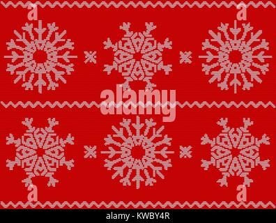 Christmas pattern with snowflakes, new year ornament on red background. Knitted vector pattern. Christmas sweater design. Wool knitted texture in whit Stock Vector