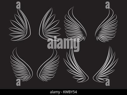 Set of four piar outlined stroke vector wings on black background Stock Vector