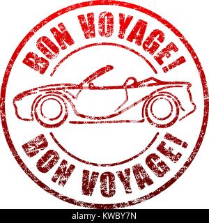 Bon voyage red grunge style rubber stamp with car, cabriolet. Stock Vector