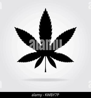 Cannabis or marijuana leaf black vector flat icon with shadow, illustration Stock Vector